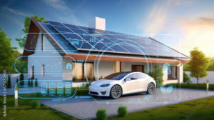 prie namo su saules elektrine stovi elektromobilis